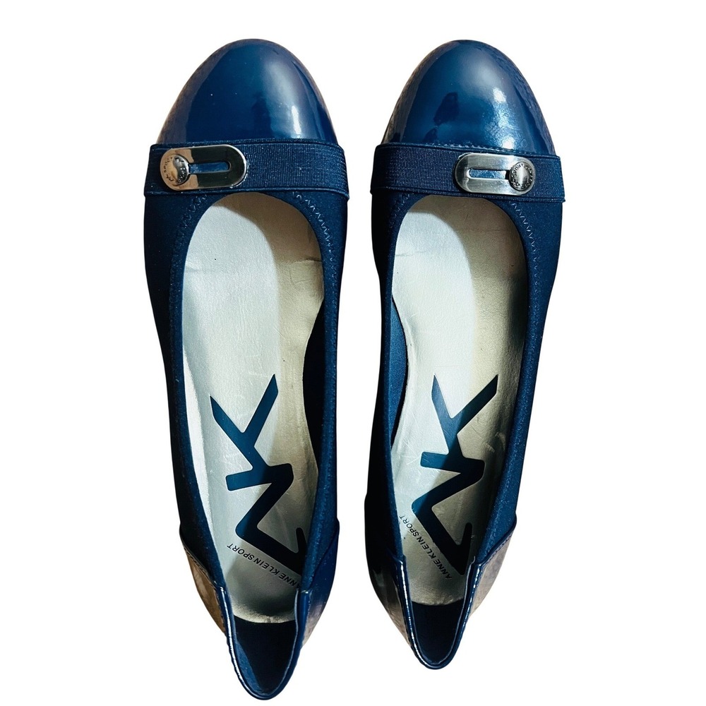 Anne Klein Sport 6.5 Navy Blue Patent Accent Wedge Pumps Silver Buckle Detail
